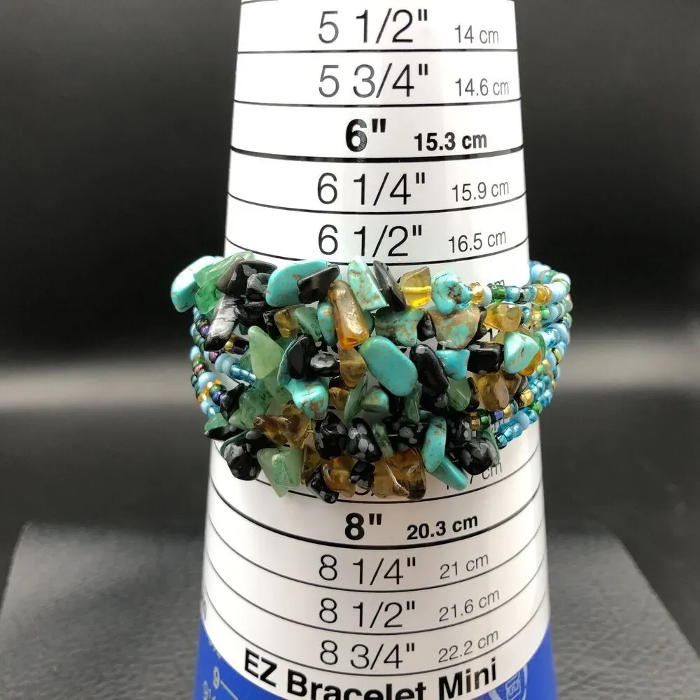 Gemstone Bracelet 7inch Mixed Malachite‎ Quartz Glass Seed Bead Sizable Cuff